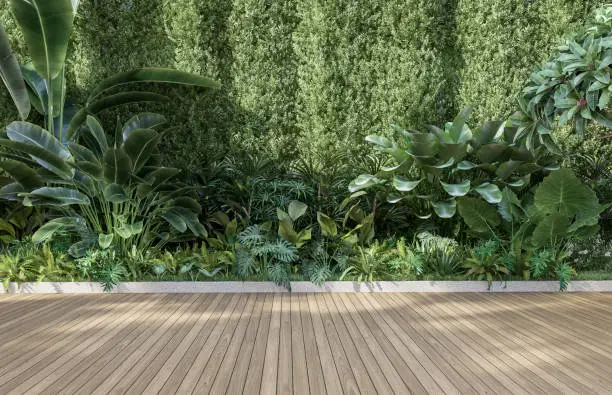 Photo of Empty wooden terrace with green wall 3d render