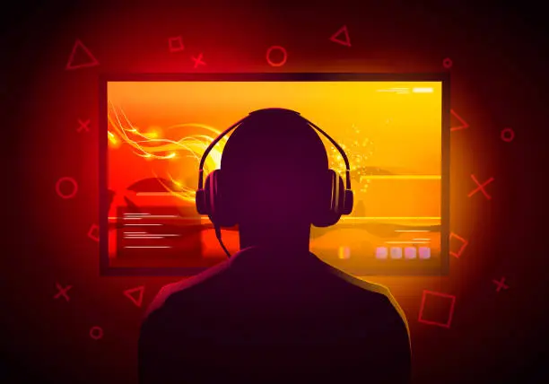 Vector illustration of Vector Illustration Gamer Kid Sit In Front Of A Screen And Play Games