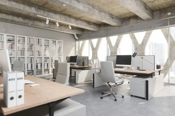 Modern office interior design with city business center view.