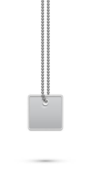 Empty square silver military or dogs badge hanging on steel chain. Vector army object isolated on white background. Pendant with blank space for identification, blood type in case of death and injury. Empty square silver military or dogs badge hanging on steel chain. Vector army object isolated on white background. Pendant with blank space for identification, blood type in case of death and injury vietnam dog tags stock illustrations