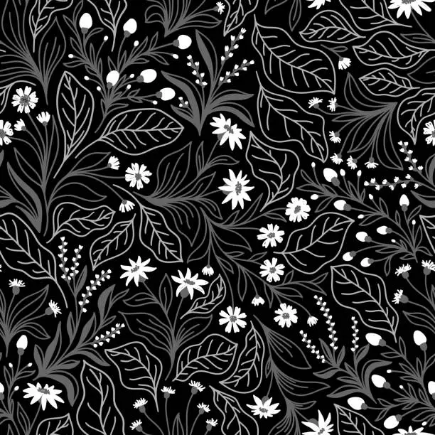 Vector illustration of Black seamless background with white flowers and gray leaves