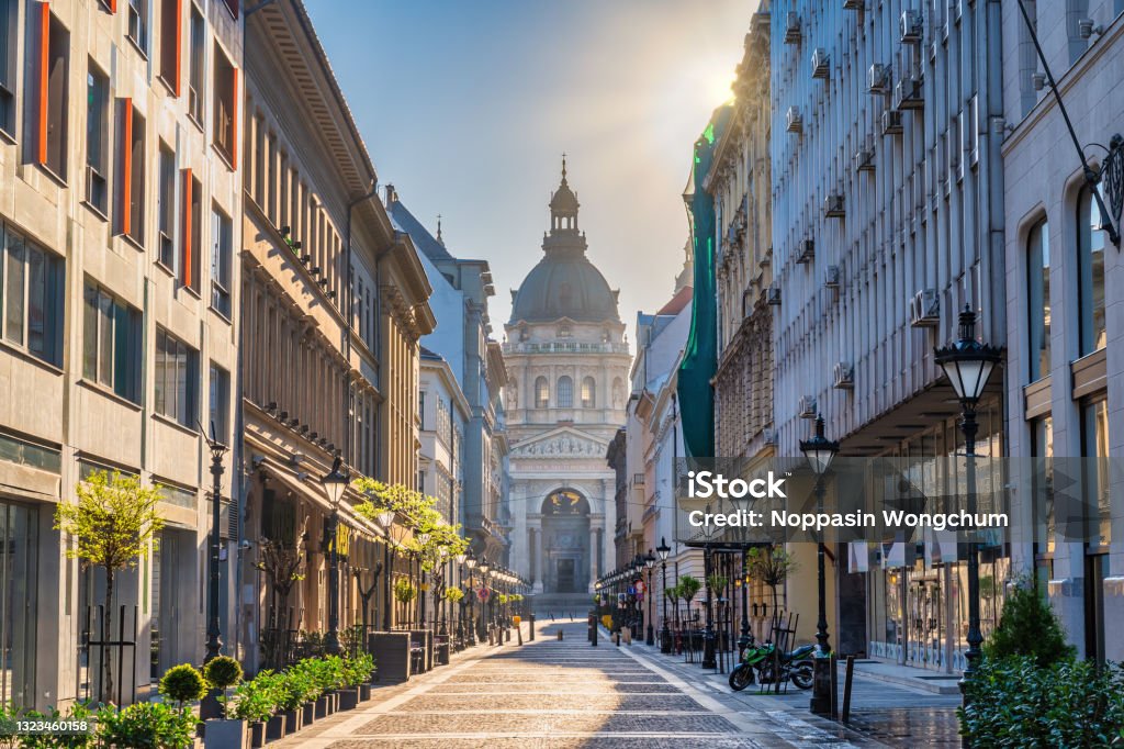 Budapest Hungary, city skyline at Zrinyi Street and St. Stephen's Basilica Budapest Stock Photo