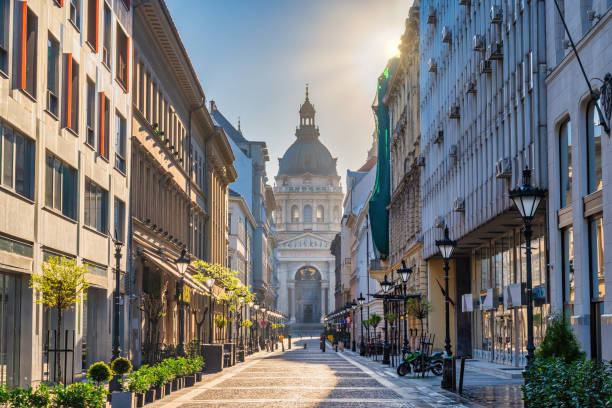 Budapest Hungary, city skyline at Zrinyi Street and St. Stephen's Basilica Budapest Hungary, city skyline at Zrinyi Street and St. Stephen's Basilica basilica stock pictures, royalty-free photos & images