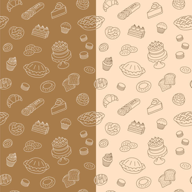 Bakery products hand drawn doodle seamless pattern Bakery products hand drawn doodle seamless pattern. Cartoon background with linear icons of pastry items. Random baked goods scattered on background. Cafe menu backdrop, wrapping paper design dessert stock illustrations