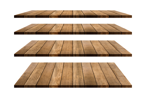 Estantes de madera colección de mesa aislada sobre fondo blanco. El trazado de recorte se incluye en esta imagen. Copie el espacio para el diseño de su producto de visualización o montaje. photo