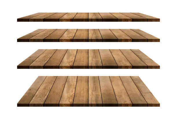 Photo of Wood shelves table top collection isolated on white background. Clipping path include in this image. Copy space for your display or montage product design.