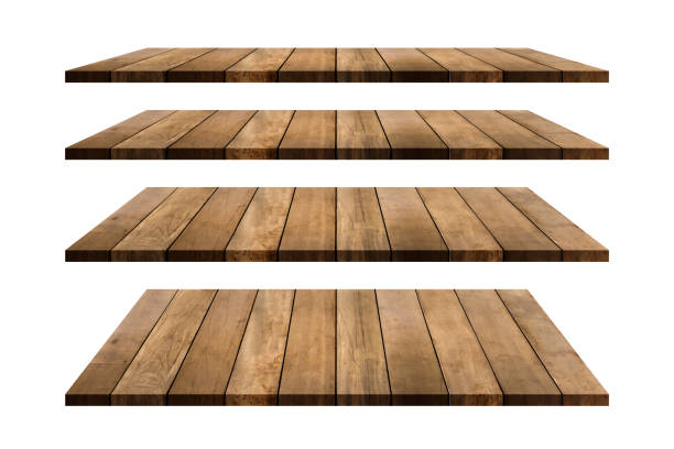 wood shelves table top collection isolated on white background. clipping path include in this image. copy space for your display or montage product design. - furniture table isolated old imagens e fotografias de stock