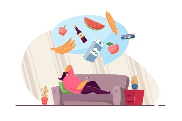 Vector illustration of Girl lying on sofa and ordering food through mobile app