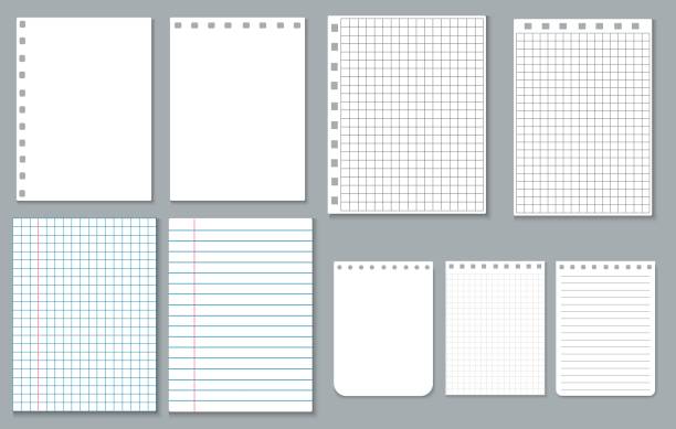 ilustraciones, imágenes clip art, dibujos animados e iconos de stock de juego de hojas de papel. página en blanco y en blanco de un bloc de notas. rasgón de bloc de notas en una jaula y una línea. libro de copias de la escuela, papelería. ilustración vectorial - notebook page sheet paper