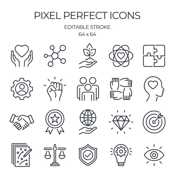 kuvapankkikuvitukset aiheesta perusarvot luottamuksena, eheytenä, ympäristönä, voimaantumisena, strategiana, moraalina ja muokattavampina viivan ääriviivakuvakkeina, jotka on eristetty valkoiselle taustalle litteä vektorikuva. pikseli täydellinen. 64 x 64. - ammattilainen