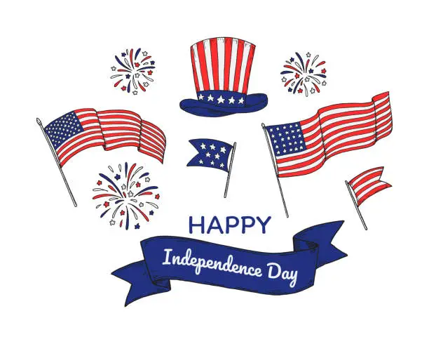 Vector illustration of Happy USA Independende Day design elements. 4th of July. Hand drawn vector illustration