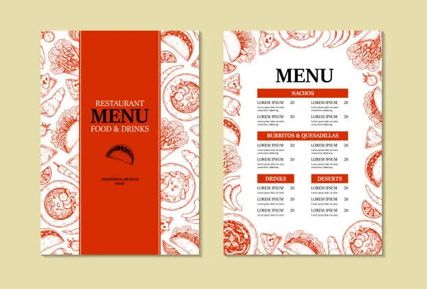 Vector illustration of Mexican food two side vertical menu template with hand drawn elements. Vector illustration in sketch style