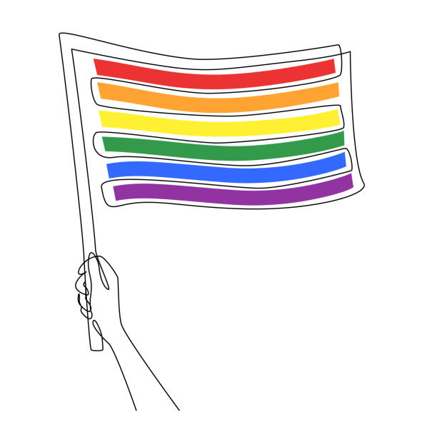 ilustrações de stock, clip art, desenhos animados e ícones de hand holding lgbt rainbow flag in continuous one line drawing. pride month celebration against violence, discrimination, human rights violation. vector illustration in simple linear style - light waving rainbow vector