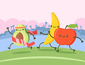 Avocado, banana and apple cartoon characters running marathon