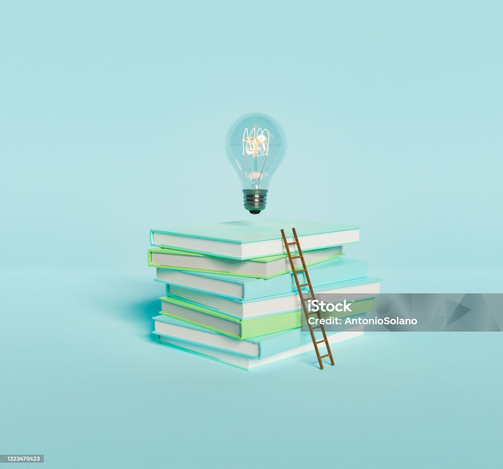 Stack of books with light bulb and ladder stack of pastel colored books with wooden ladder and illuminated light bulb on top of them. 3d render Learning Stock Photo