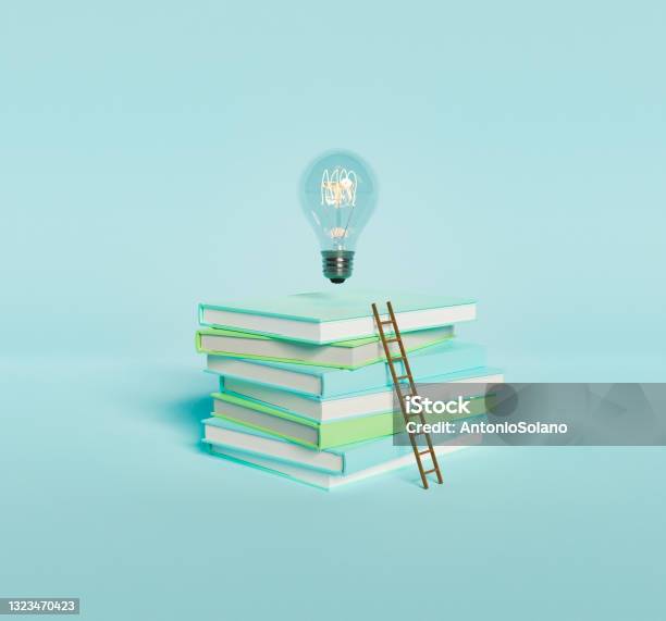 Stack Of Books With Light Bulb And Ladder Stock Photo - Download Image Now - Learning, Expertise, Wisdom