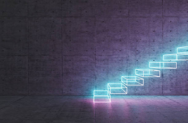 ネオン照明付きの抽象的な階段 - spain blue vibrant color bright ストックフォトと画像