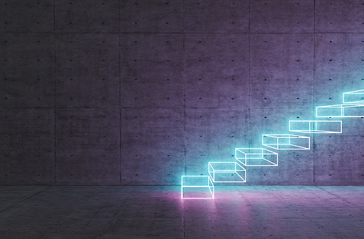 abstract holographic stairs with neon lighting in a concrete room. 3d render