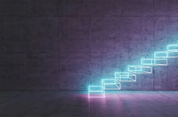 Photo of abstract stairs with neon lighting