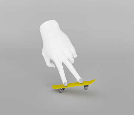 yellow skateboard with white hand and grey background. finger skate concept. 3d render