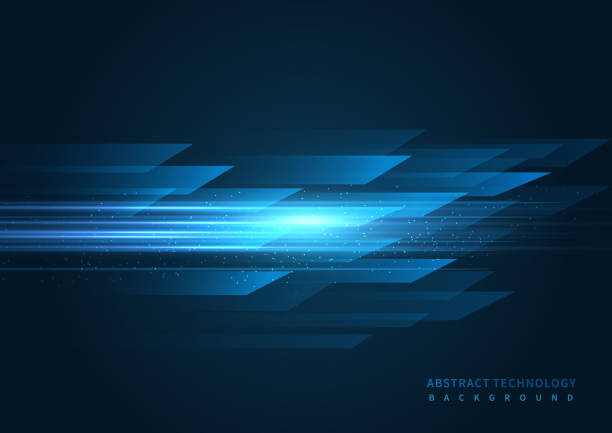 Abstract technology geometric overlapping hi speed line movement design on blue background with copy space for text. Abstract technology geometric overlapping hi speed line movement design on blue background with copy space for text. Vector illustration speed borders stock illustrations