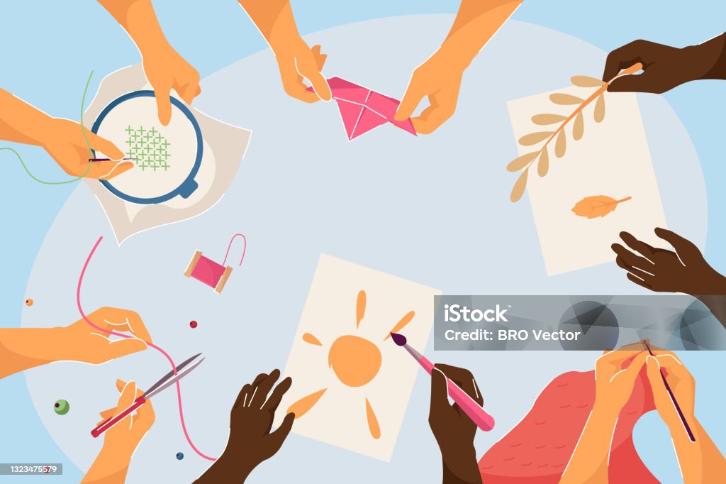 Top View Of Hands Doing Different Handmade Works Stock Illustration ...