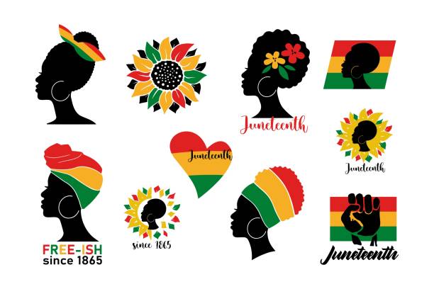 ilustraciones, imágenes clip art, dibujos animados e iconos de stock de conjunto de estandartes de juneteenth con silueta afro mujer, bandera de colores, corazón, girasoles aislados sobre fondo blanco. - black icons