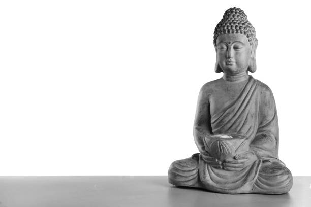 istock Beautiful stone Buddha sculpture on table against grey background. Space for text 1323480689