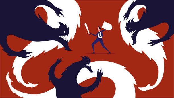 illustrazioni stock, clip art, cartoni animati e icone di tendenza di uomo d'affari armato che difende i mostri - shadow monster fear spooky