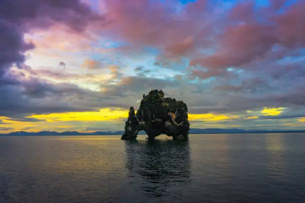 Photo of Sunset at the Hvitserkur basalt stack in northern Iceland