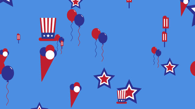 Animation of american flags and independence day icons moving over blue background