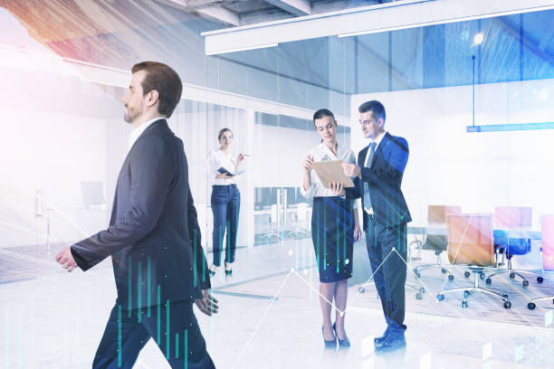 istock Working process at office in downtown. Double exposure. Business 1323484195