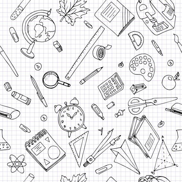 istock Seamless pattern of hand drawn set of school doodle on checkered background 1323484517