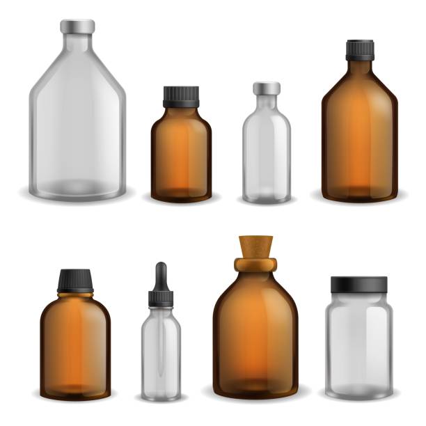 istock Glass bottles medical set. Realistic brown and transparent blank packaging collection, pharmacy syrup drugs 3d container, aromatherapy essential oil and cosmetic flasks. Vector isolated set 1323485094