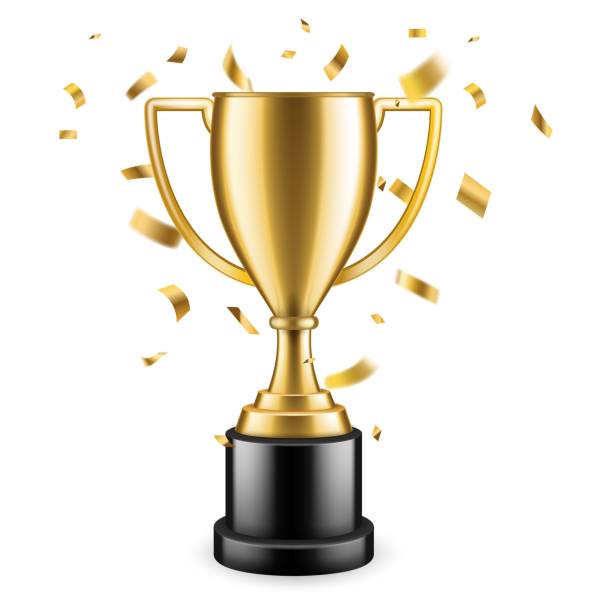 istock Champion trophy. Shiny golden cup and falling confetti on background, sport competition winner awards. Realistic gold victory goblet, champions prize. Leadership vector illustration 1323485102