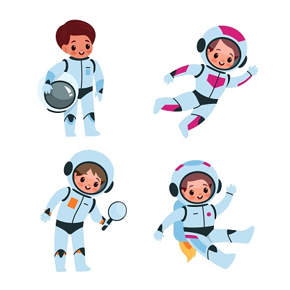 Children in cosmic suits and helmets in space. Kids astronauts explorers in galaxy collection, little boys and girls cosmonauts flying in zero gravity, astronomy vector cartoon isolated childish set