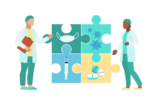 Medical decision. Doctors in uniform with huge puzzle, teamwork in clinic or hospital, diagnosis and treatment, professional discussion and research. Vector cartoon flat isolated health care concept