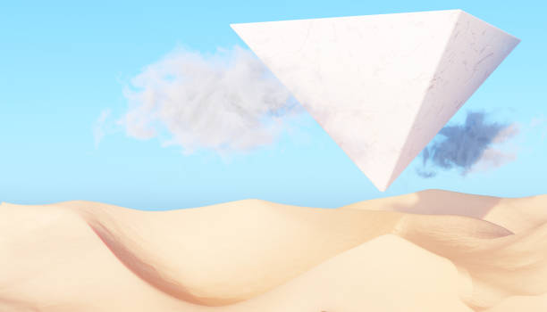 istock Surreal desert landscape with white flying pyramid and white clouds 1323485201