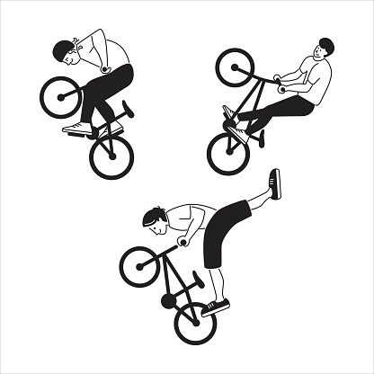 BMX freestyle sportsmen. A team of freestylers performing stunts. Jumping and somersault guys with mountain bikes. Black and white characters set. Flat style vector design illustrations.