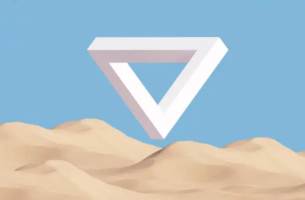 Photo of Surreal desert landscape with white flying Penrose triangle over sand dunes