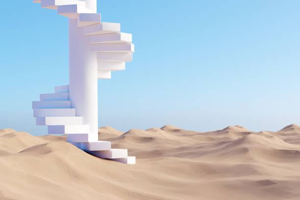 surreal desert landscape with white spiral staircase on sand - high desert imagens e fotografias de stock