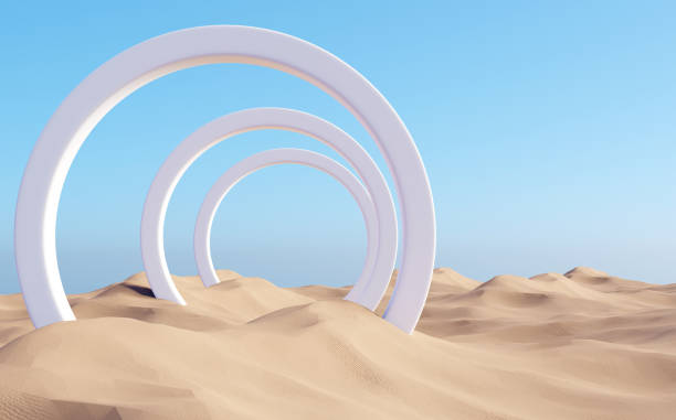istock Surreal desert landscape with white arch constructions in perspective 1323485305
