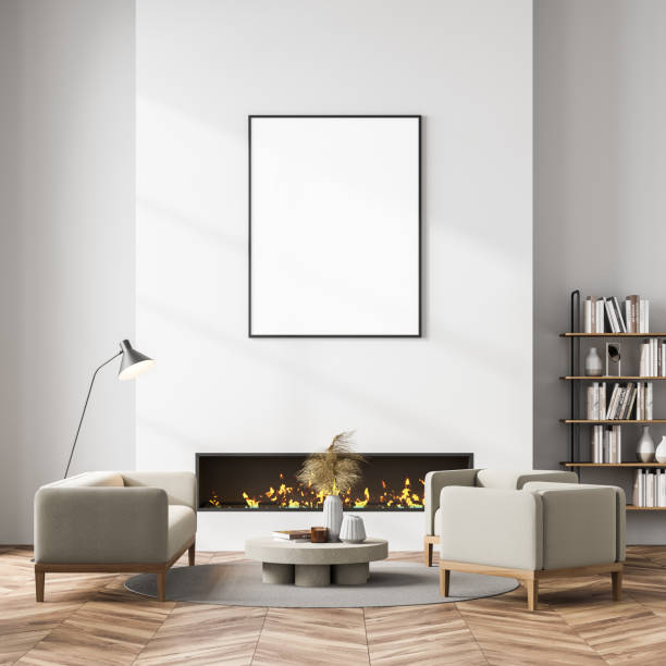 istock Living room interior with white empty poster and fireplace 1323486783