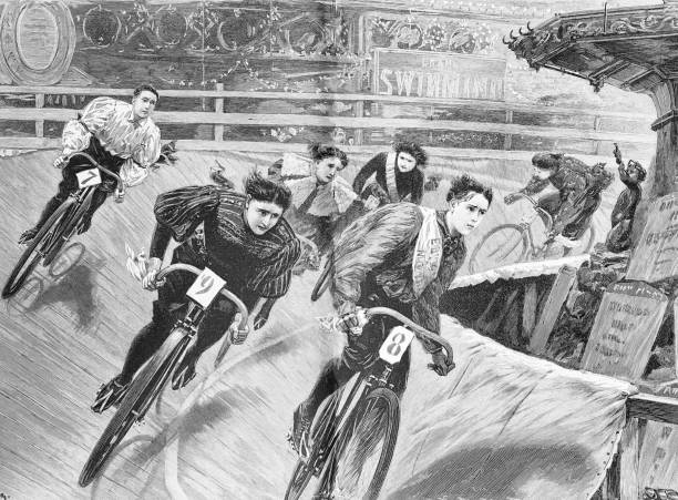 London Aquarium velodrome, women's cycling competition Illustration from 19th century. cycle racing stock illustrations