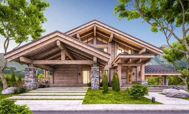 istock 3d rendering of modern cozy chalet in evening 1323487818
