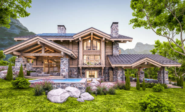 istock 3d rendering of modern cozy chalet in evening 1323487829