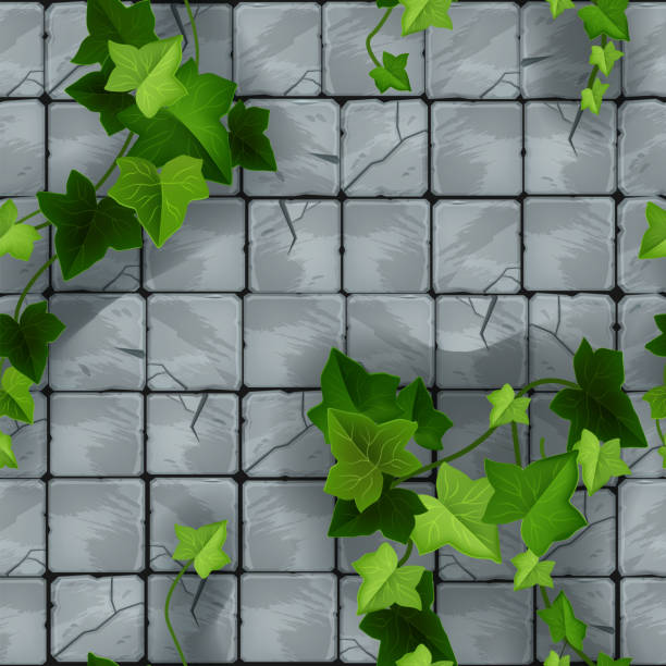 Stone floor pavement seamless pattern, square rock tile sidewalk texture, brick wall vector background. Green ivy leaves, climber, liana, cracked old flagstone blocks. Nature walkway stone pavement grey brick sidewalk stock illustrations