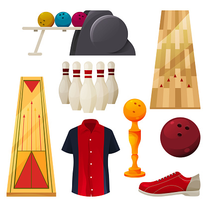 Bowling equipment set, playing tools. Vector flat icons of bowling pins and ball, bowling lane, ball returner, gold cup and bowler uniform. Target sport accessories, game apparel, realistic set.