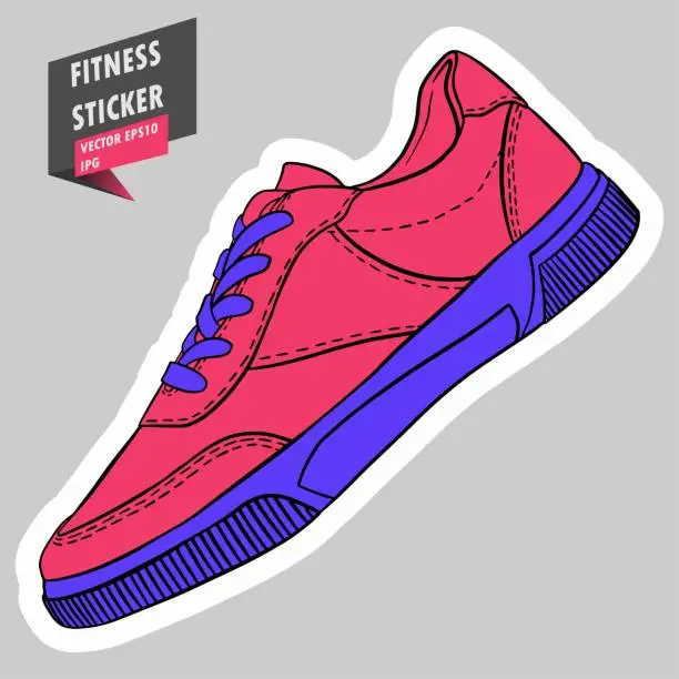 Vector illustration of Sport shoe. Casual fashion. Snickers. Gym. Equipment. Fitness routine. Active lifestyle. Hand drawn colorful illustration. Sticker for printing. High resolution. Vector EPS10 and IPG