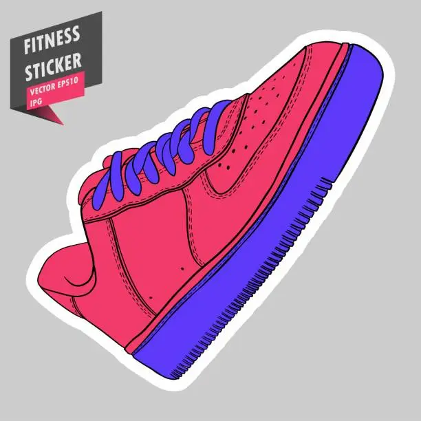 Vector illustration of Sport shoe. Casual fashion. Snickers. Gym. Equipment. Fitness routine. Active lifestyle. Hand drawn colorful illustration. Sticker for printing. High resolution. Vector EPS10 and IPG